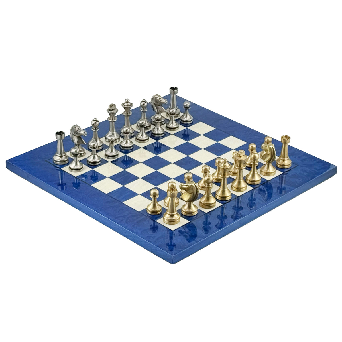 Staunton Schachset aus massivem Messing, 7,3 cm + MADRONA Schachbrett, 42 x 42 cm