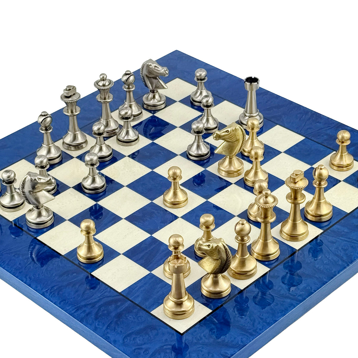 Staunton Schachset aus massivem Messing, 7,3 cm + MADRONA Schachbrett, 42 x 42 cm