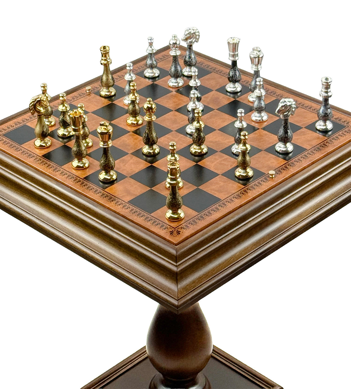 Luxuriöser Schachtisch 55×55 cm mit Messing-/Holzfiguren, Kunstleder