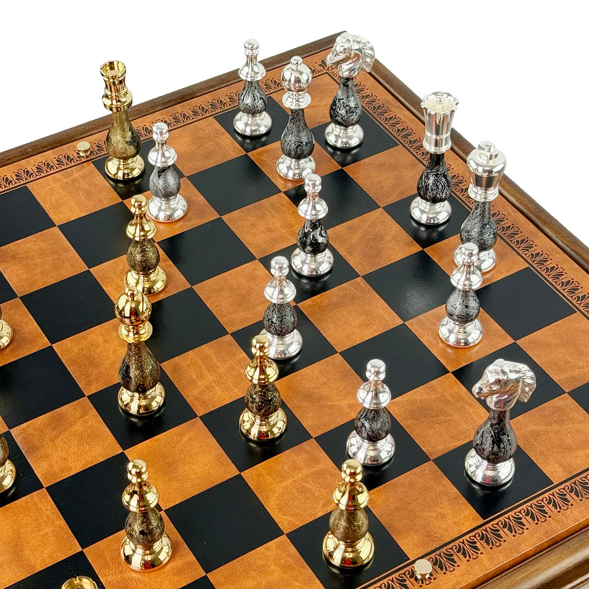 Luxury Chess Table 55×55 cm with Brass/Wood Pieces, Eco-Leather