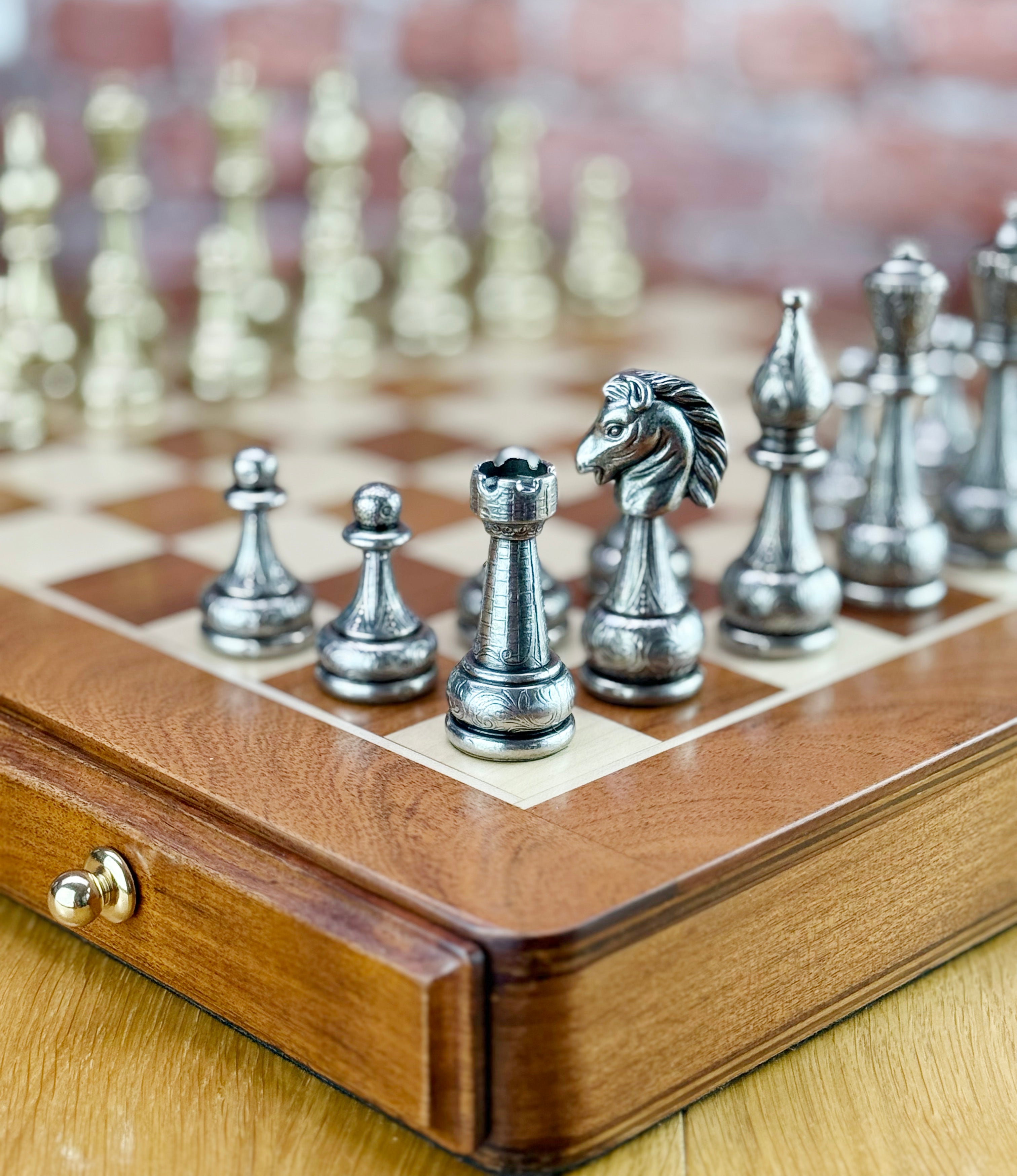 Luxury Italfama Metal Chess Set with 2-Drawer Storage Chessboard 46x46 cm