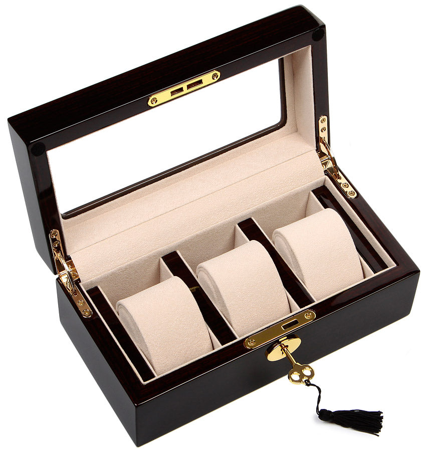 Luxury Wooden Watch Box Organizer for 3 Watches – High-Gloss Dark Wood (Piano Lacquer) & Beige Suede