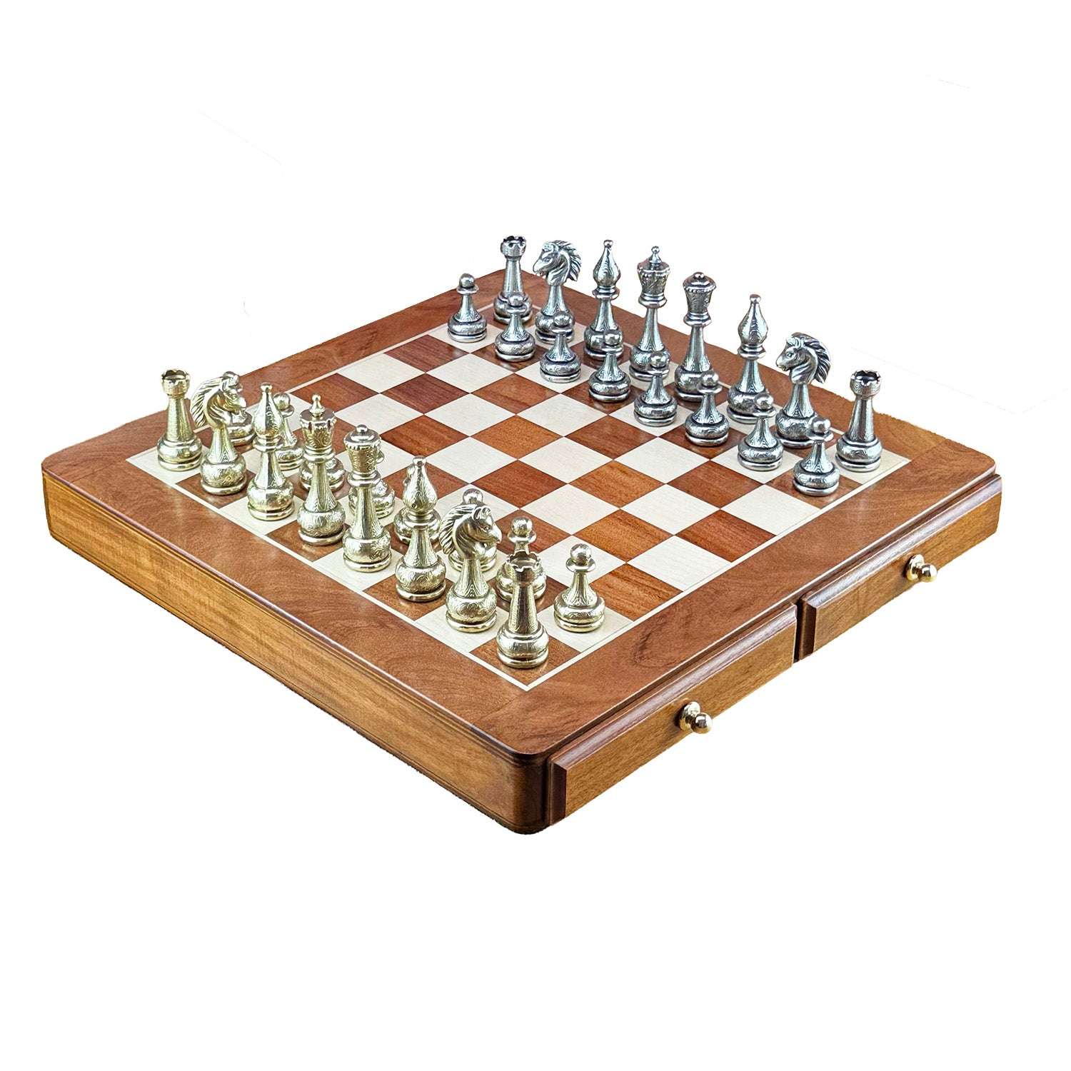 Luxury Italfama Metal Chess Set with 2-Drawer Storage Chessboard 46x46 cm