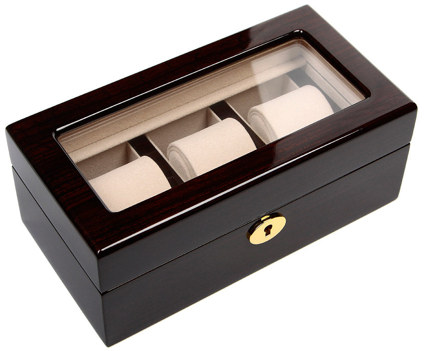 Luxury Wooden Watch Box Organizer for 3 Watches – High-Gloss Dark Wood (Piano Lacquer) & Beige Suede