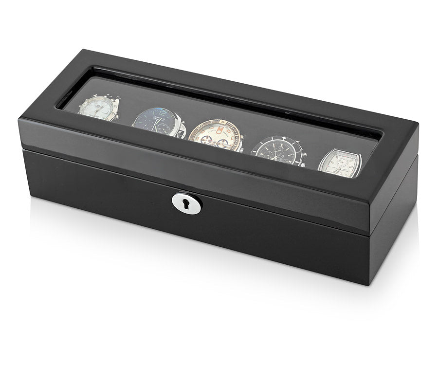 Luxury Wooden Watch Box Organizer for 5 Watches – High-Gloss Black Piano Lacquer & Black Suede