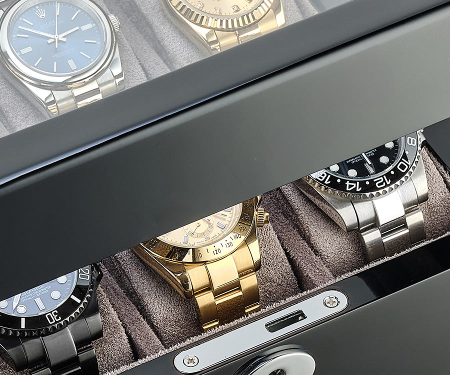 Luxury Wooden Watch Box for 6 Watches – High-Gloss Piano Black & Soft Grey Velvet