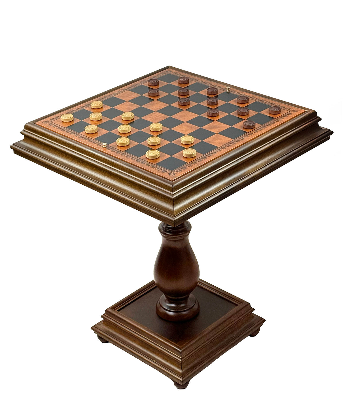 Luxuriöser Schachtisch 55×55 cm mit Messing-/Holzfiguren, Kunstleder