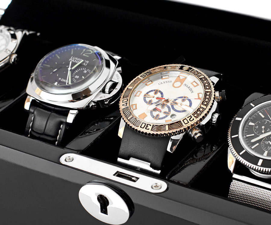 Luxury Wooden Watch Box Organizer for 5 Watches – High-Gloss Black Piano Lacquer & Black Suede