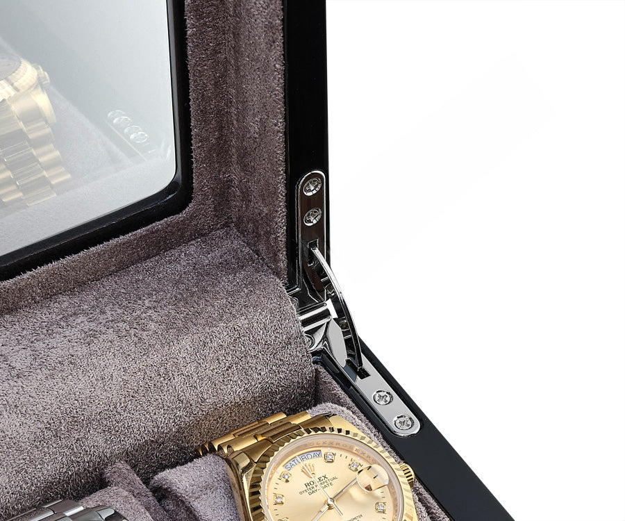 Luxury Wooden Watch Box for 6 Watches – High-Gloss Piano Black & Soft Grey Velvet