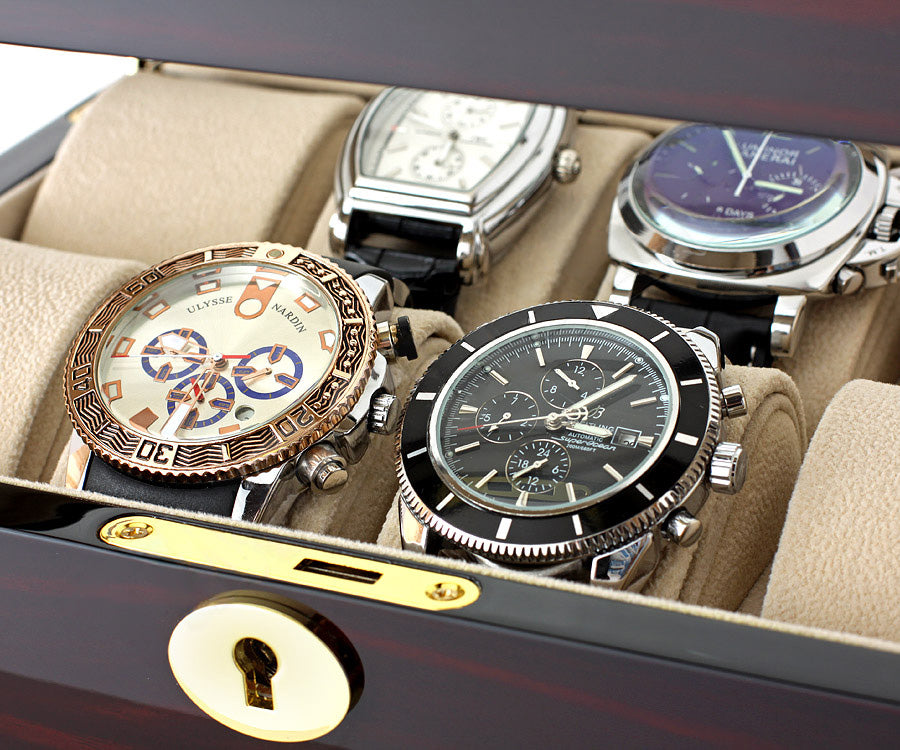 Premium Wooden Watch Box for 8 Watches – Striped Dark Piano Gloss & Beige Velour