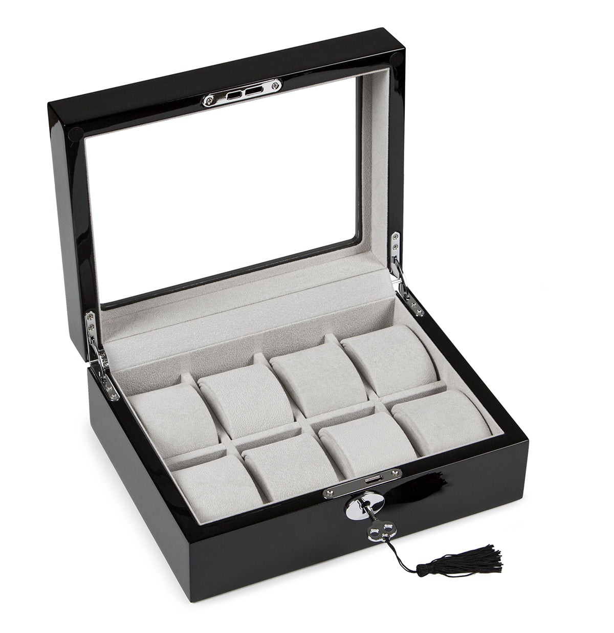 Premium Wood 8 Watch Box Piano Black Gloss Organizer Grey Velvet Lock Case