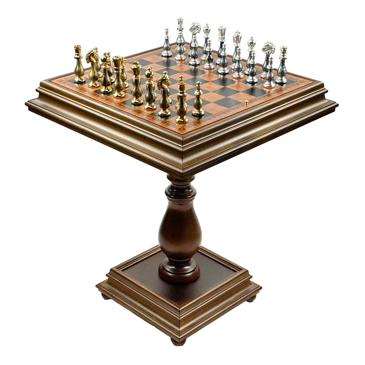 Luxury Chess Table 55×55 cm with Brass/Wood Pieces, Eco-Leather