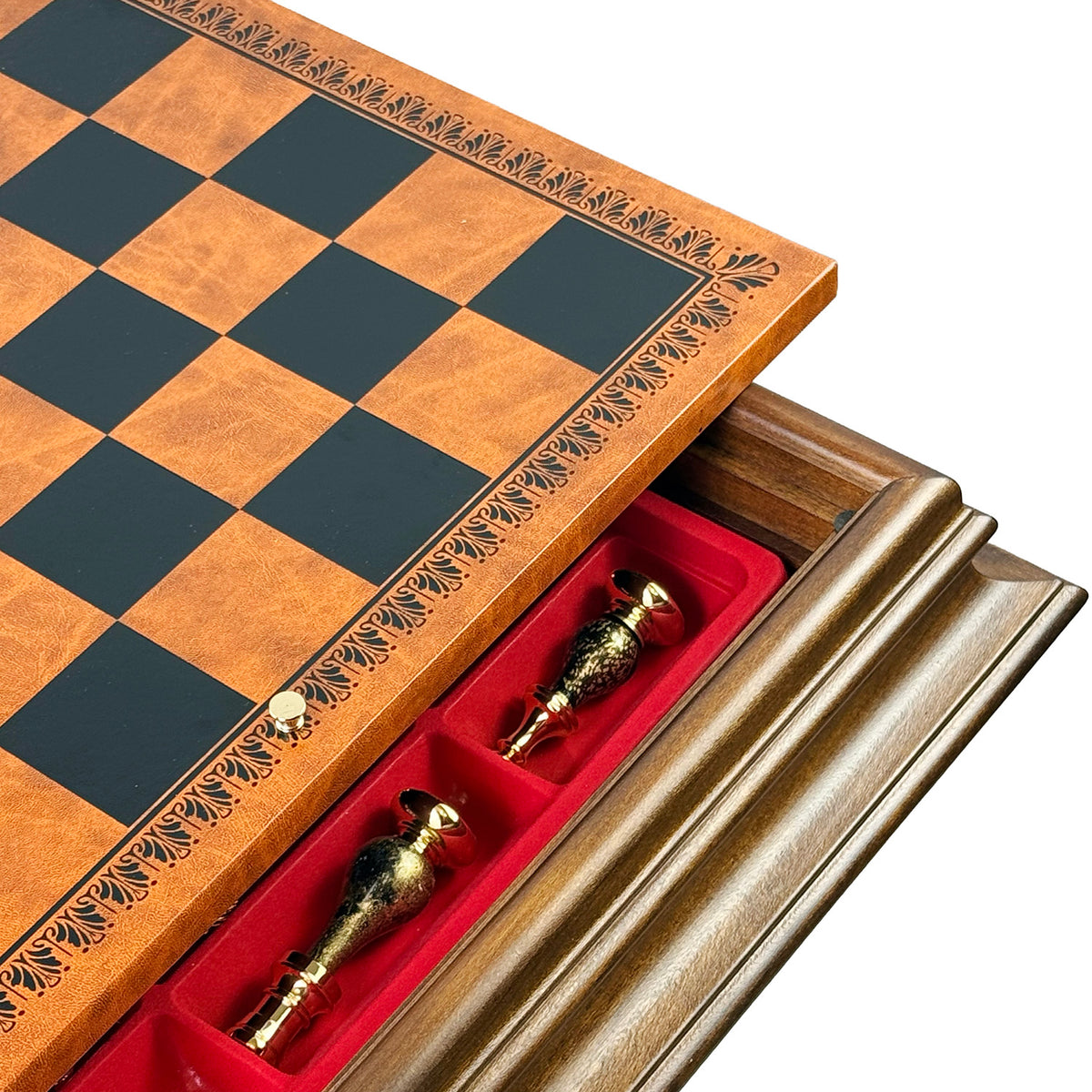 Luxuriöser Schachtisch 55×55 cm mit Messing-/Holzfiguren, Kunstleder