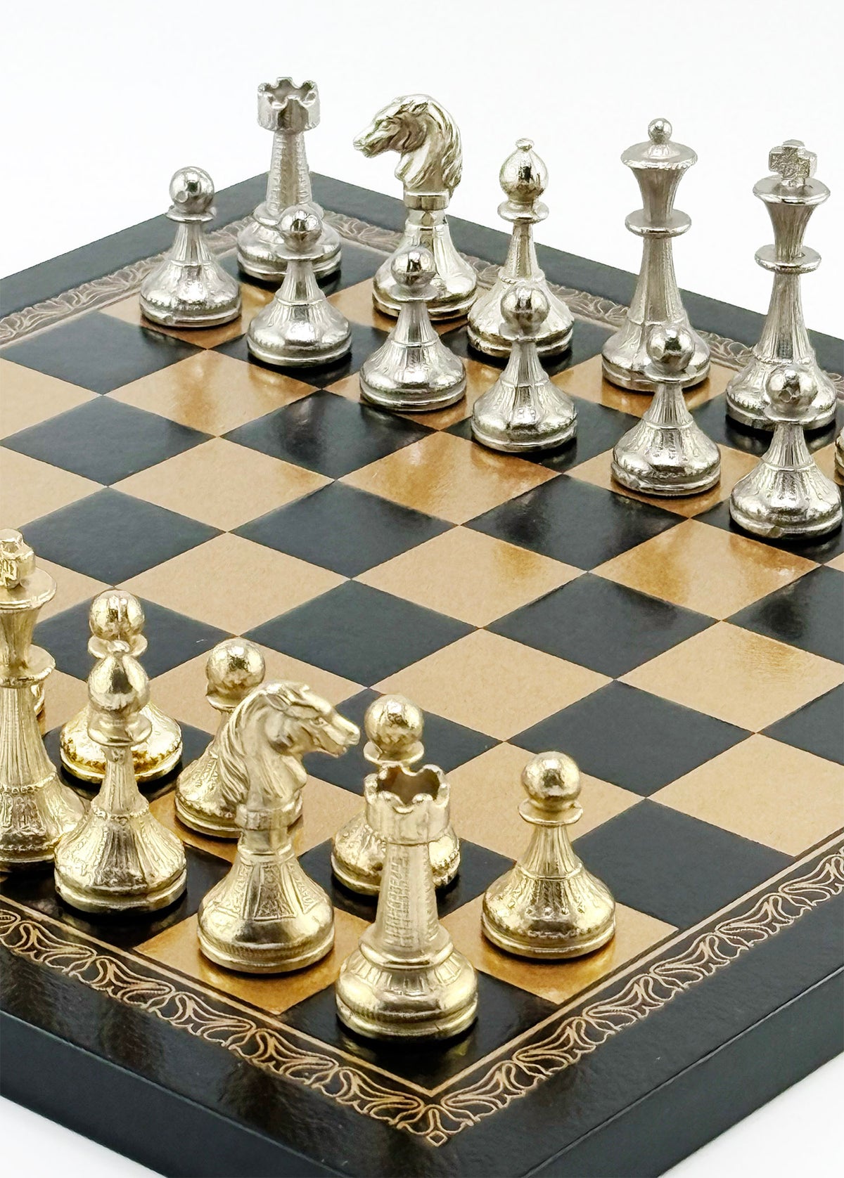 24k Gold & 925 Silver Plated Italfama Mignon Fiorito Chess Set with Eco-Leather Board (26x26 cm)