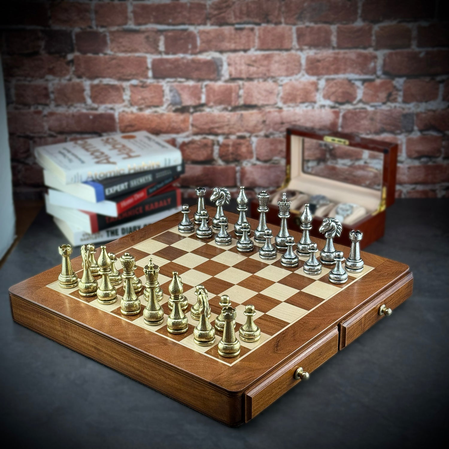 Luxury Italfama Metal Chess Set with 2-Drawer Storage Chessboard 46x46 cm