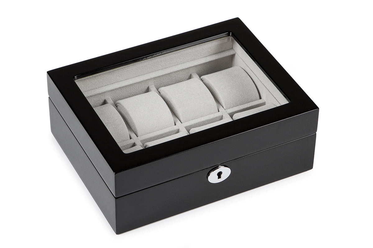 Premium Wood 8 Watch Box Piano Black Gloss Organizer Grey Velvet Lock Case