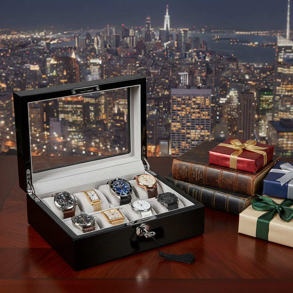 Premium Wood 8 Watch Box Piano Black Gloss Organizer Grey Velvet Lock Case