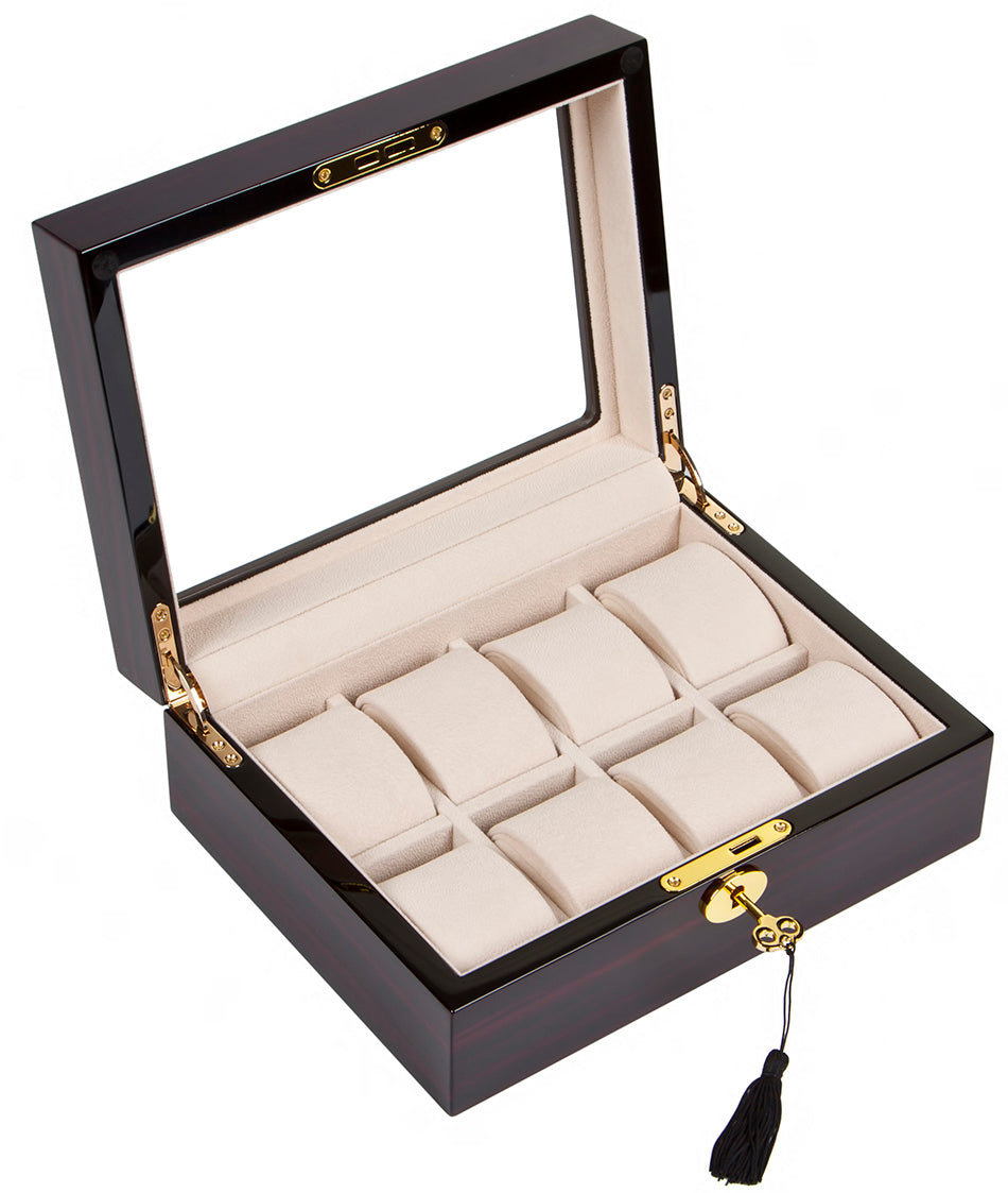 Premium Wooden Watch Box for 8 Watches – Striped Dark Piano Gloss & Beige Velour
