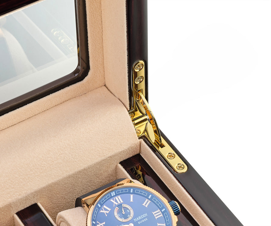 Premium Wooden Watch Box for 8 Watches – Striped Dark Piano Gloss & Beige Velour