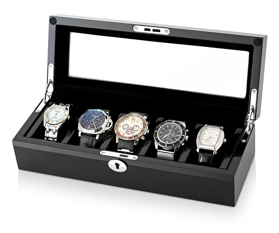 Luxury Wooden Watch Box Organizer for 5 Watches – High-Gloss Black Piano Lacquer & Black Suede