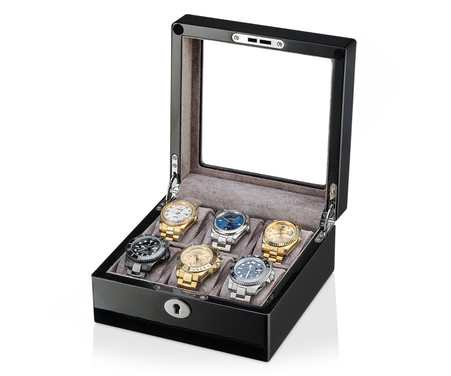 Luxury Wooden Watch Box for 6 Watches – High-Gloss Piano Black & Soft Grey Velvet