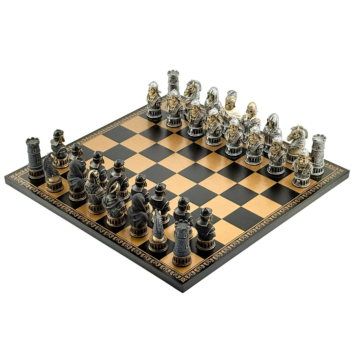 Luxury Italfama Chess Set – SKELETON BUSTS SET Hand-Painted Pieces (8 cm) + Gold & Black Leatherette Chessboard (40x40 cm) | Premium Made in Italy