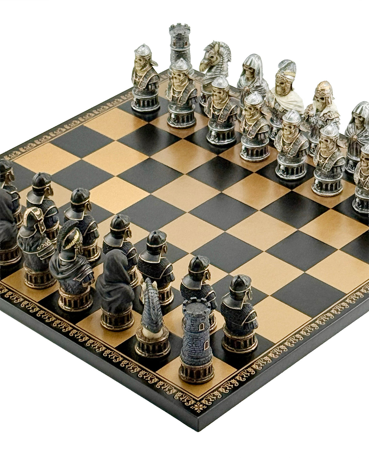 Luxuriöses Italfama Schachset – SKELETON BUSTS SET Handbemalte Figuren (8 cm) + Gold & Schwarz Kunstleder Schachbrett (40x40 cm) | Premium Made in Italy