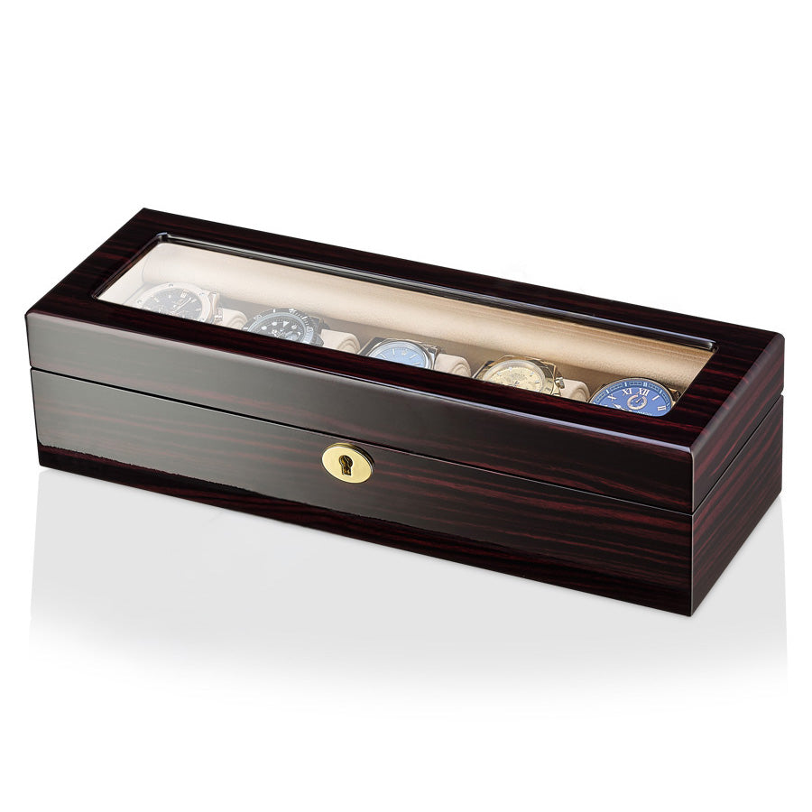 Luxury Wooden Watch Box Organizer for 5 Watches – High-Gloss Striped Ebony/Zebrano Wood & Beige Suede