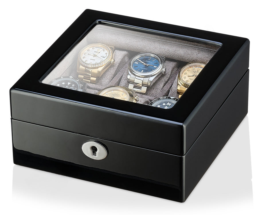 Luxury Wooden Watch Box for 6 Watches – High-Gloss Piano Black & Soft Grey Velvet